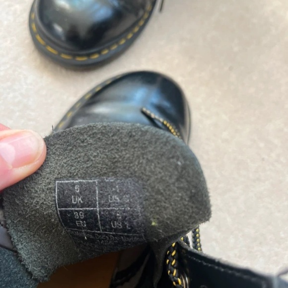 Dr. Martens Glossy Black Boots with Yellow Stitching - Picture 5 of 6